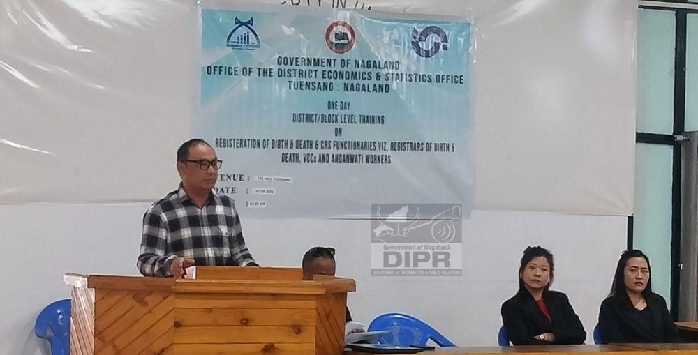 Additional Director, Economics & Statistics, Charles N Kikon addresses the training on registration of births and deaths held at ENPO Conference Hall, Tuensang, on October 7. (DIPR Photo)
